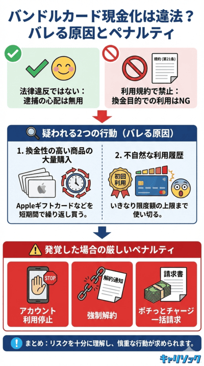 バンドルカード現金化は違法？バレる原因とペナルティについて解説をしているインフォグラフィック画像