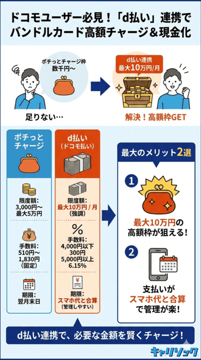 d払いとバンドルカードで現金化をする方法について解説をしているインフォグラフィック画像
