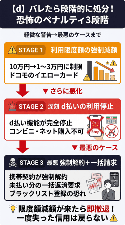 もしd払い現金化がバレたらどうなる？恐怖のペナルティ3段階