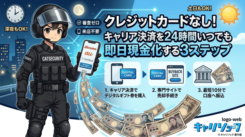 クレジットカードなし！キャリア決済を24時間いつでも即日現金化する3ステップ